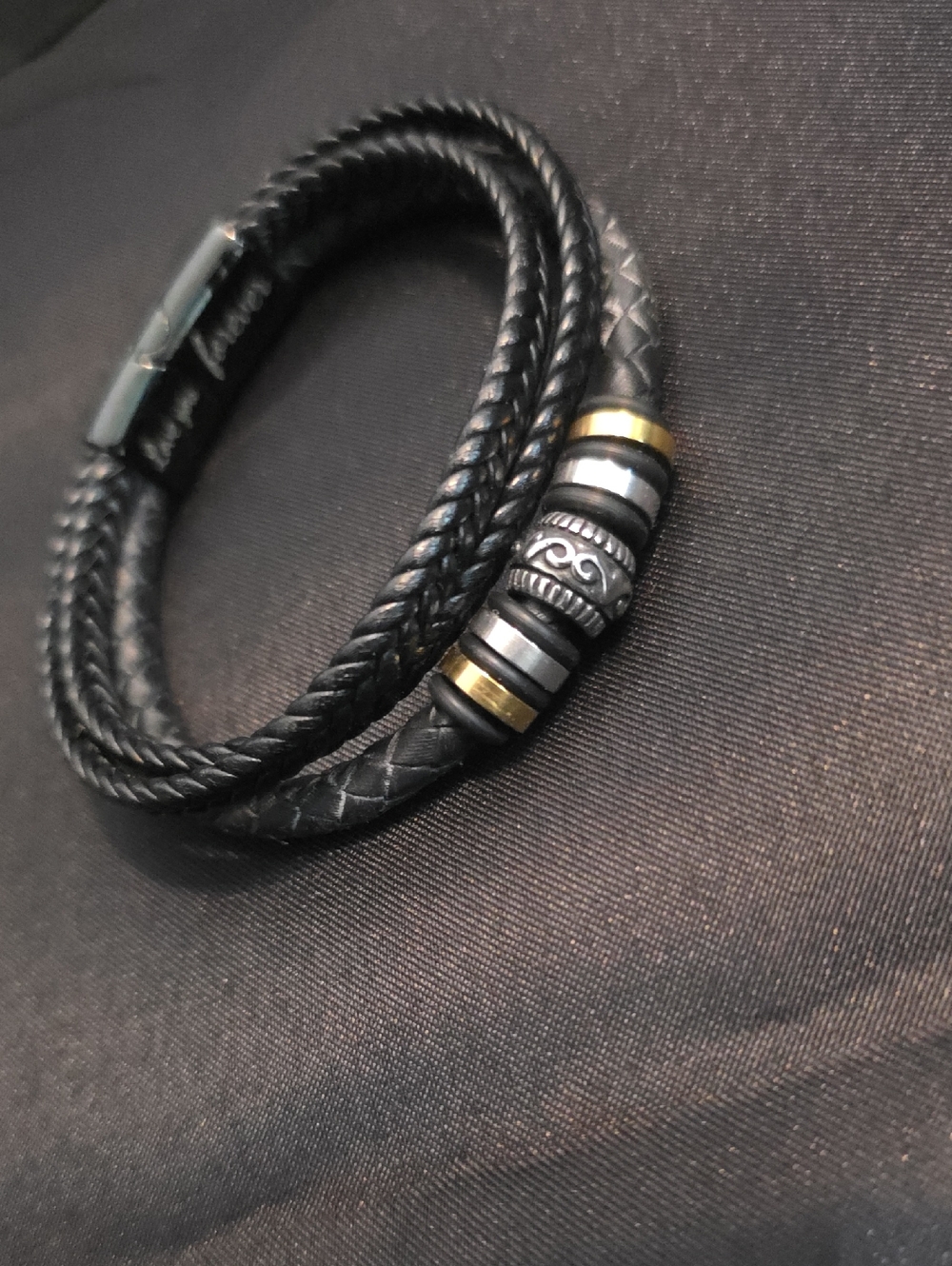 Black Braided Leather Bracelet with Metal Accent Beads